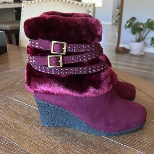 Joan Boyce Strappy Rhinestone Faux Fur Suede Wedge Boot